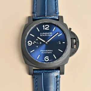 Panerai Luminor Marina Automatic Blue Dial Black Carbon Case Blue Alligator Leather Strap Men’s Luxury Watch