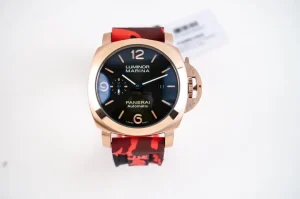 Panerai Luminor Marina Automatic Navy Blue Dial Rose Gold Case Red Camo Rubber Strap Men’s Luxury Watch