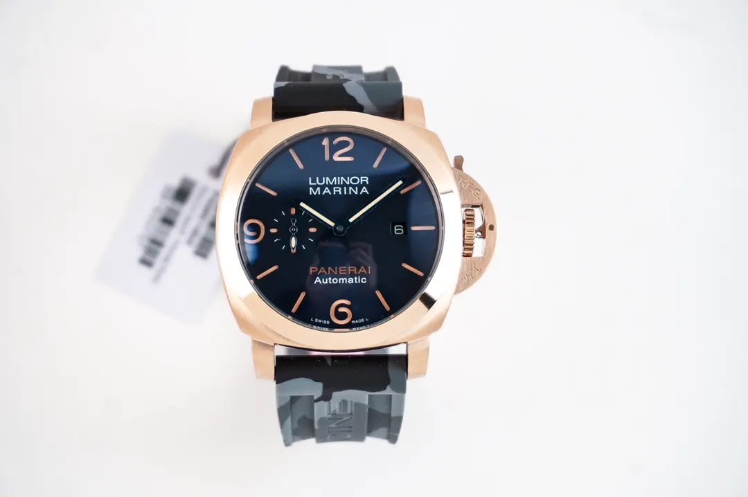 Panerai Luminor Marina Automatic Rose Gold Case Black Dial Camouflage Rubber Strap Men’s Luxury Watch