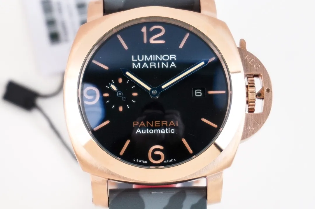 Panerai Luminor Marina Automatic Rose Gold Case Black Dial Camouflage Rubber Strap Men’s Luxury Watch - 图片 2