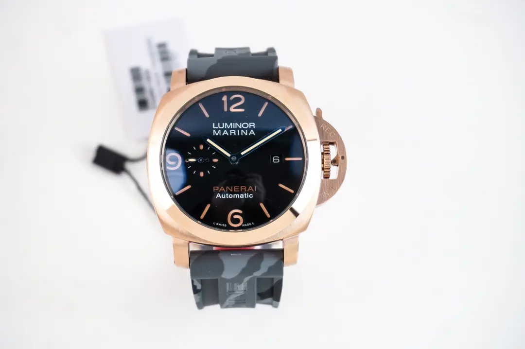 Panerai Luminor Marina Automatic Rose Gold Case Black Dial Camouflage Rubber Strap Men’s Luxury Watch - 图片 9