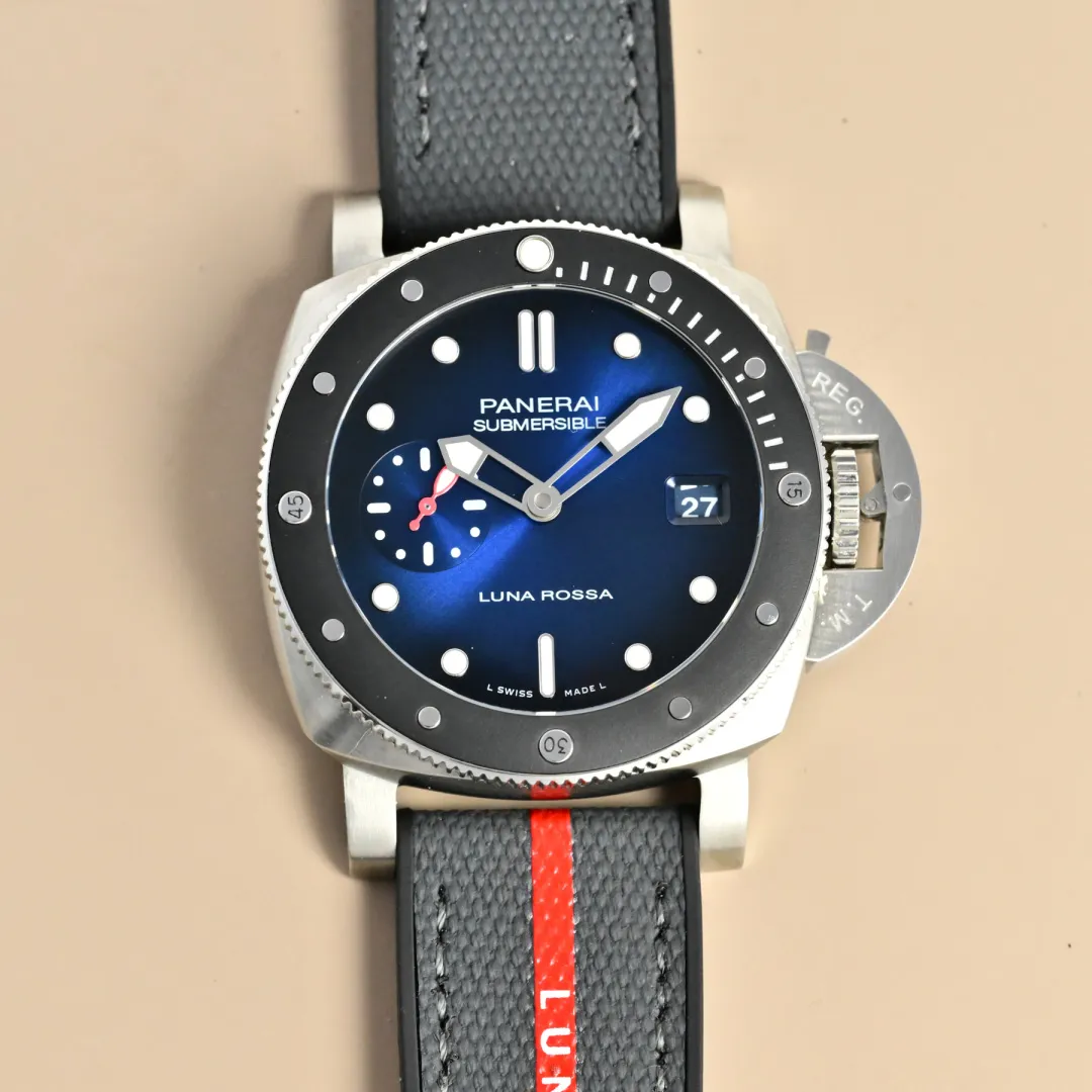 Panerai Submersible Luna Rossa Automatic Blue Dial Grey Rubber Strap with Red Accents Men’s Dive Watch