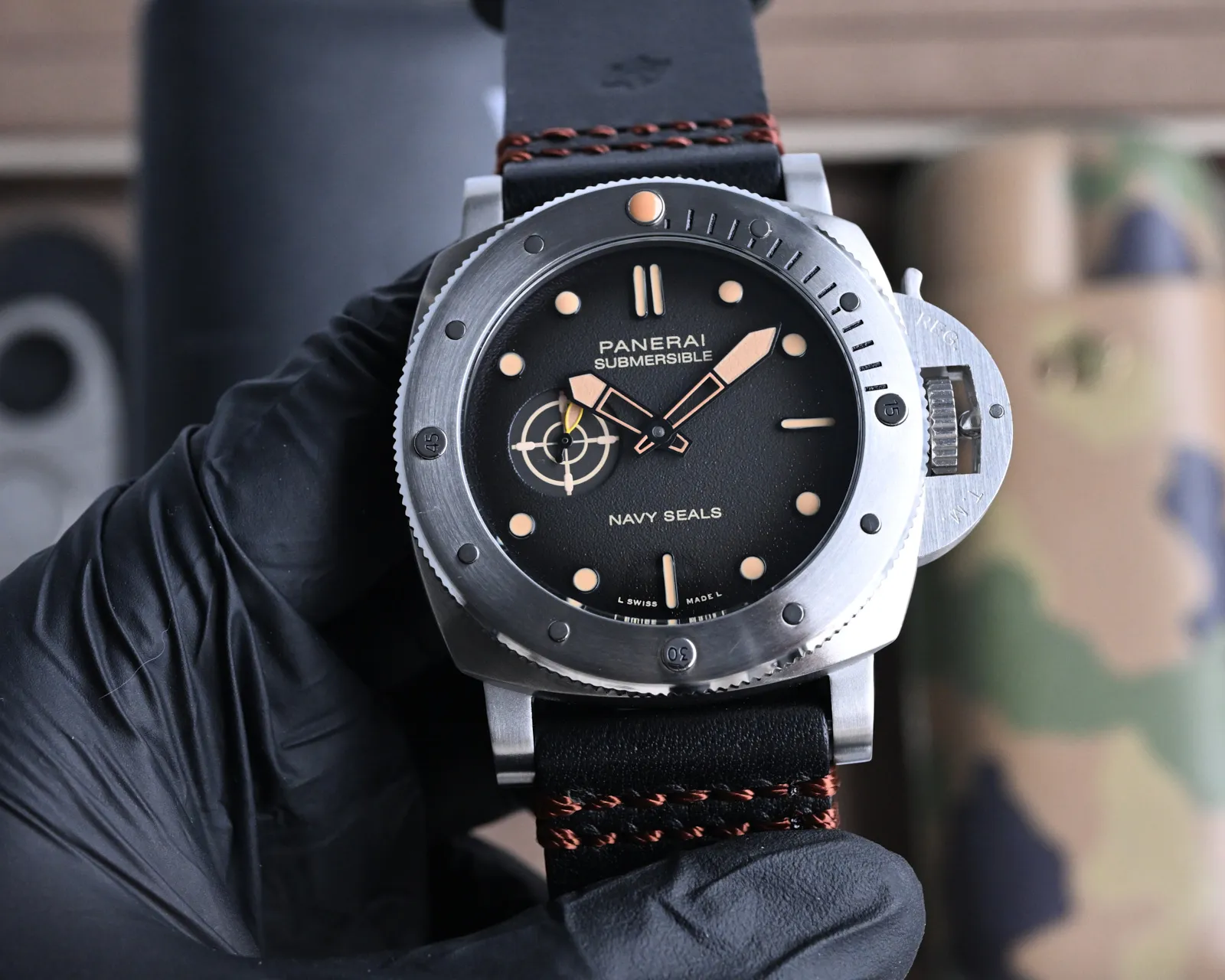 Panerai Submersible Navy Seals Black Dial Camo Rubber Strap Titanium Dive Watch - 图片 8