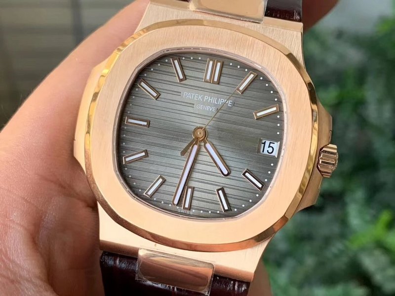 Patek Philippe Nautilus Rose Gold Brown Leather Strap grey Dial Super Clone - 图片 2