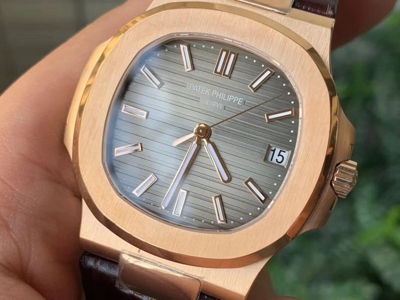 Patek Philippe Nautilus Rose Gold Brown Leather Strap grey Dial Super Clone - 图片 3