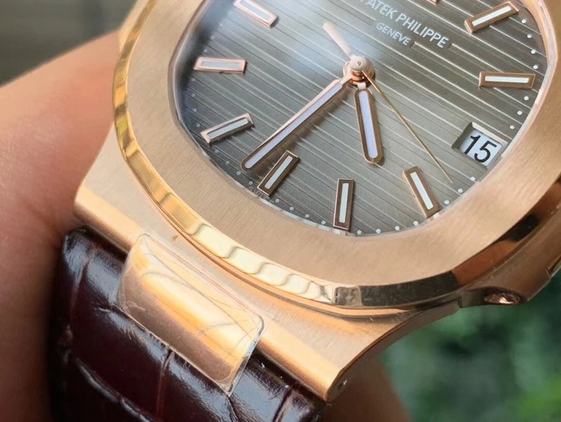 Patek Philippe Nautilus Rose Gold Brown Leather Strap grey Dial Super Clone - 图片 4