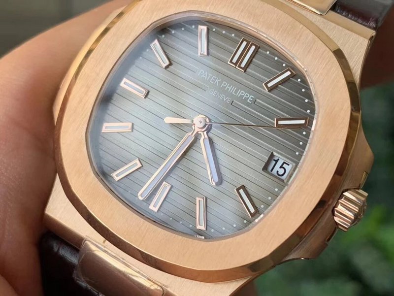 Patek Philippe Nautilus Rose Gold Brown Leather Strap grey Dial Super Clone - 图片 8