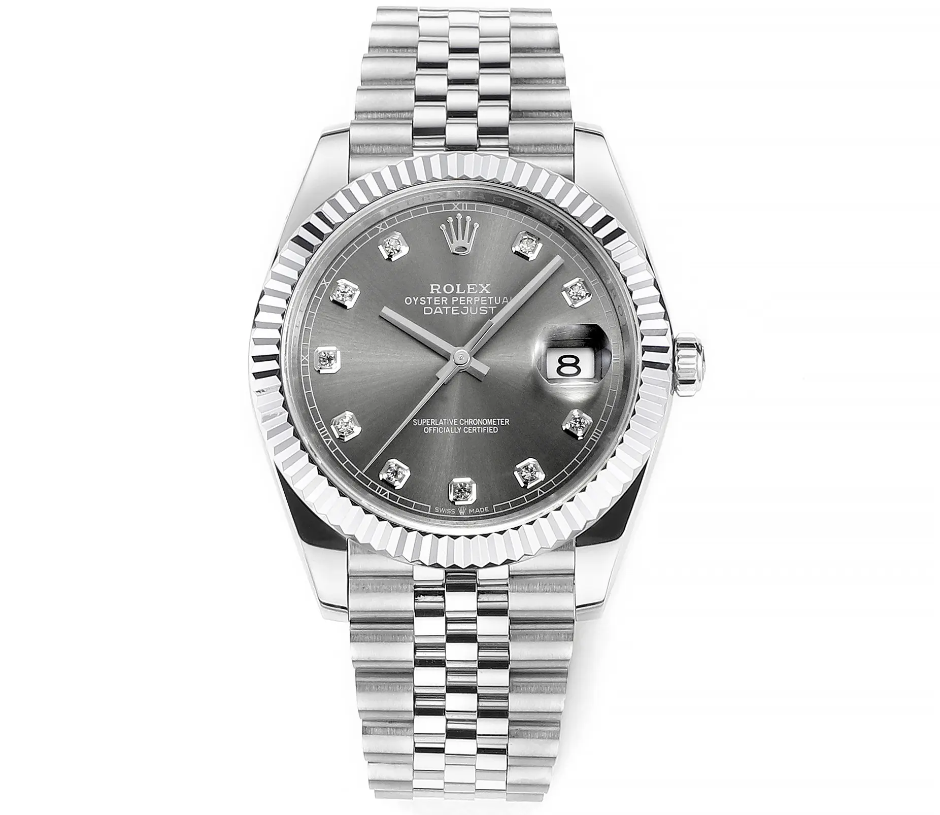 VS Factory Rolex Datejust 41mm Watch – Silver Dial, Diamond Markers, Stainless Steel Jubilee Bracelet, Super Clone VSF Rolex