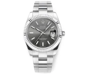 Rolex Datejust 41mm Watch – Silver Fluted Bezel, Grey Dial, Stainless Steel Bracelet, Super Clone VSF Rolex