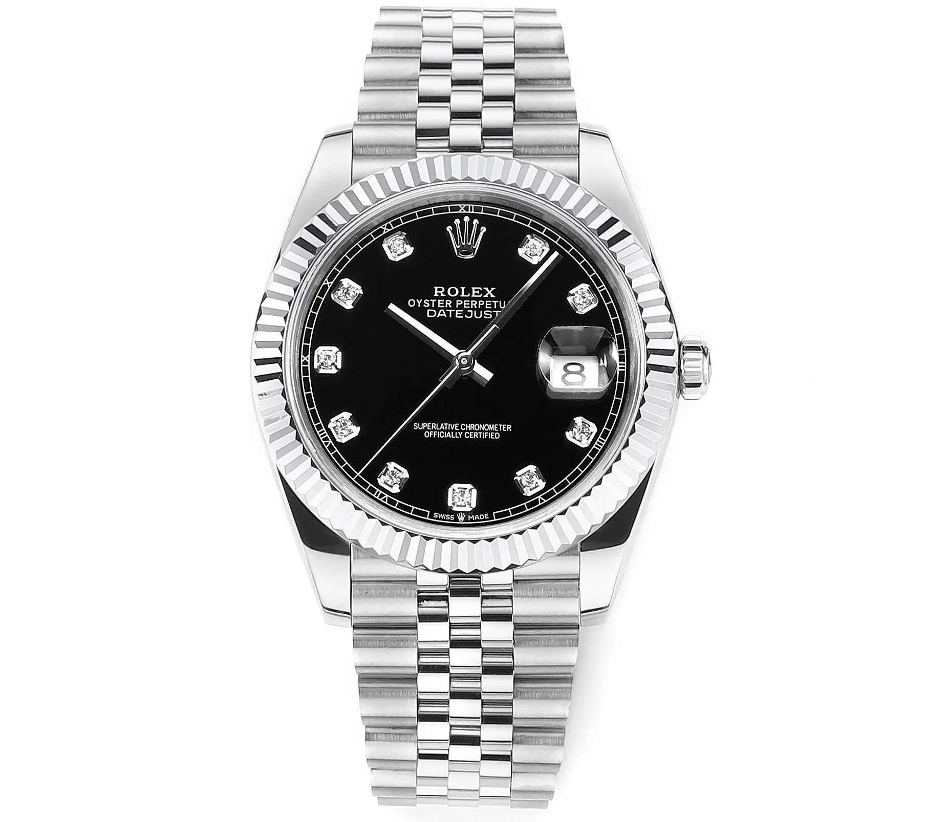 Rolex Datejust 41mm Watch – Silver with Black Dial, Diamond Markers & VSF Super Clone Quality