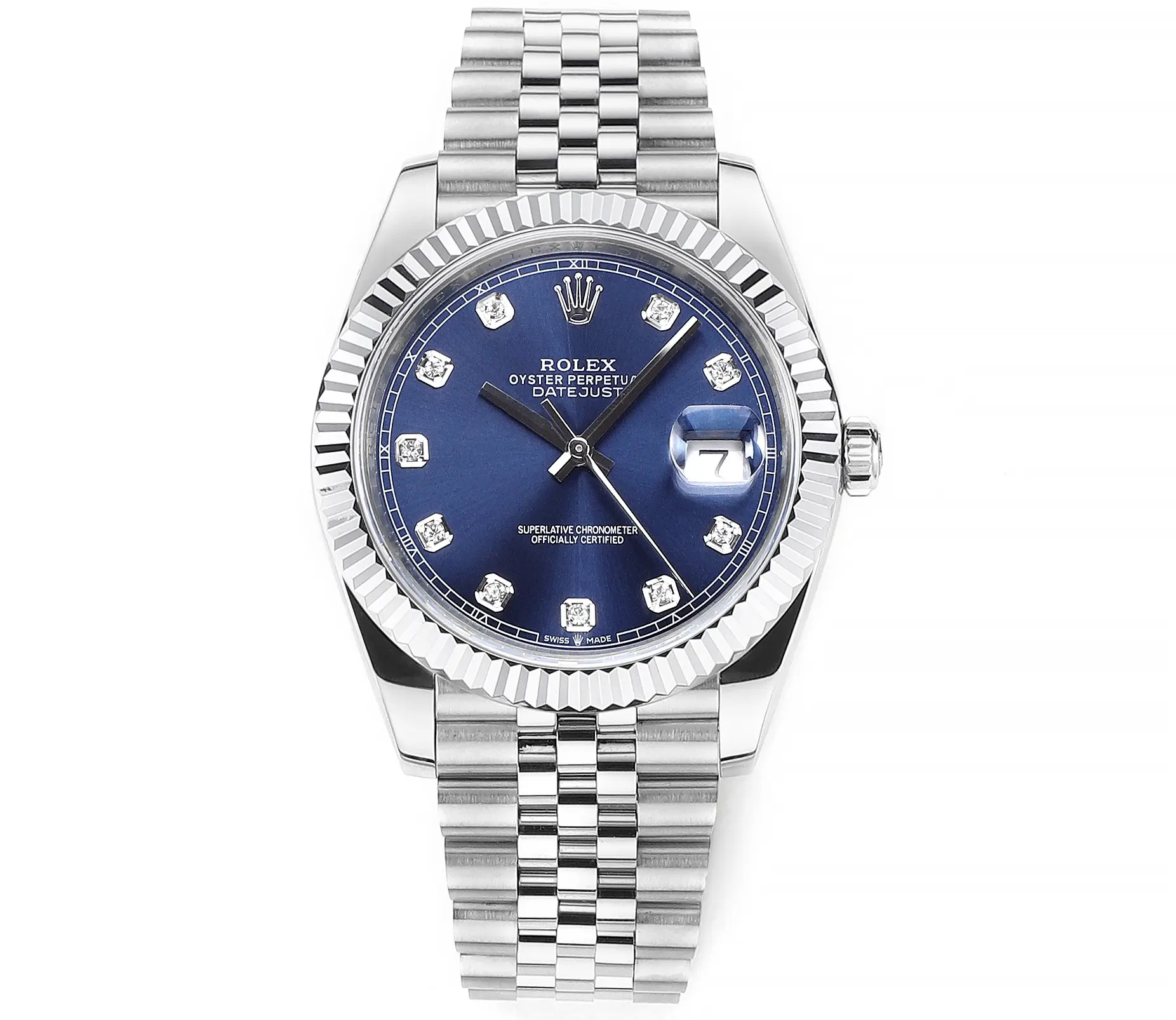 Rolex Datejust 41mm Watch – Silver with Blue Dial, Diamond Markers & VSF Super Clone Quality