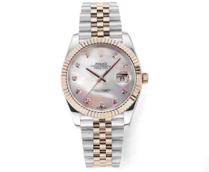 Rolex Datejust 41mm Watch – Two-Tone Stainless Steel and Rose Gold with Pink Dial, Diamond Markers, and Super Clone Quality