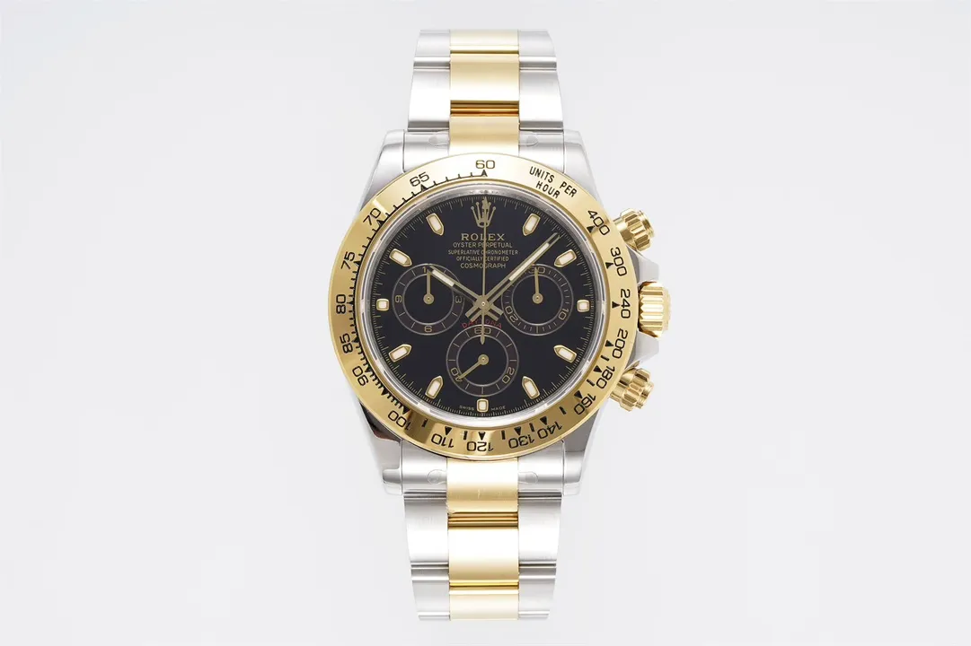 Rolex Daytona 4130 – Two-Tone Gold/Steel, Black Dial, Luxury Chronograph Watch