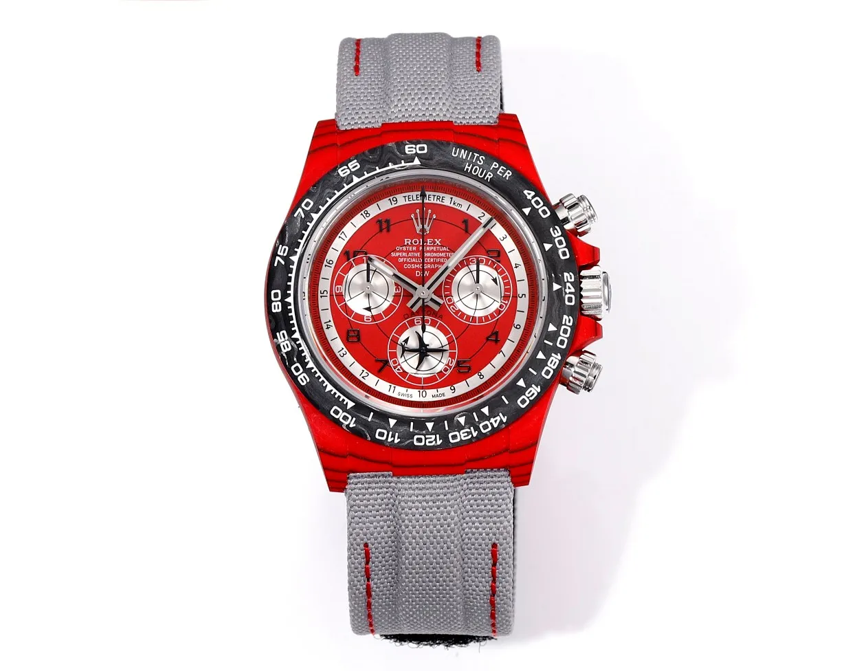 Rolex Daytona Carbon Fiber Night Glow Case Watch – Red Dial, Grey Strap by VSF Watches Official