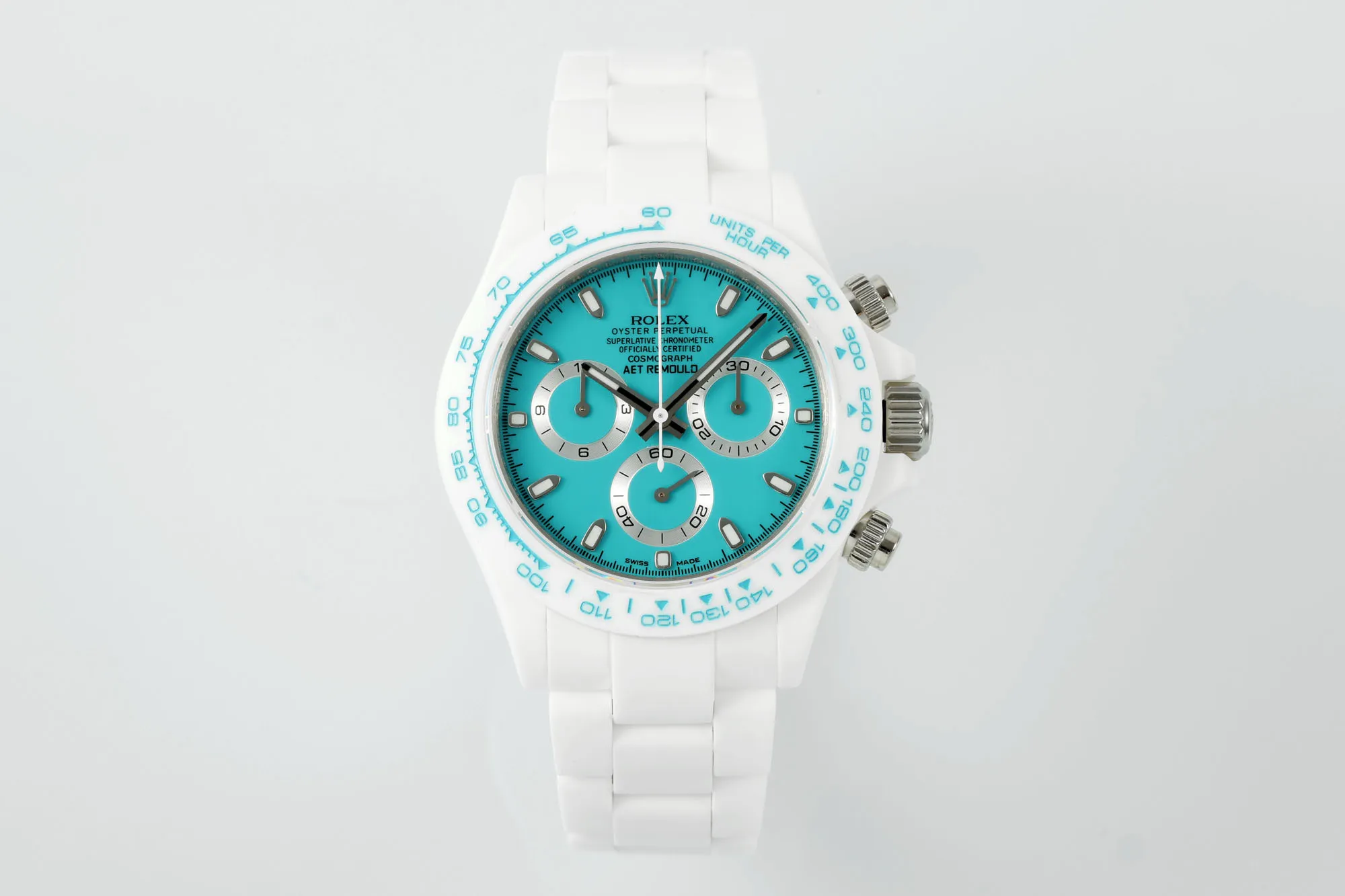 Rolex Daytona Ceramic Watch – White Strap, Turquoise Dial, Premium VSF Watches Design