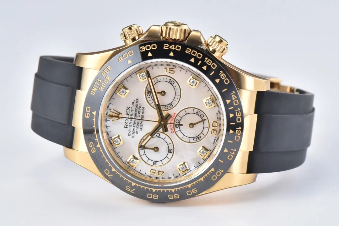 Rolex Daytona Clean Factory 116518 Gold Engraved Natural Cloud Mother-of-Pearl Dial Watches with Black Rubber Strap - 图片 6