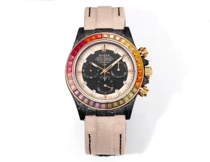 Rolex Daytona Custom Carbon Fiber Night Glow Case Watch – Black with Rainbow Bezel, Beige Strap by VSF Watches Official