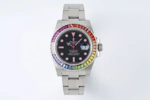 Rolex Submariner Rainbow Bezel Watch – Black Dial with Pink Markers, 40mm Stainless Steel Case Timepieces