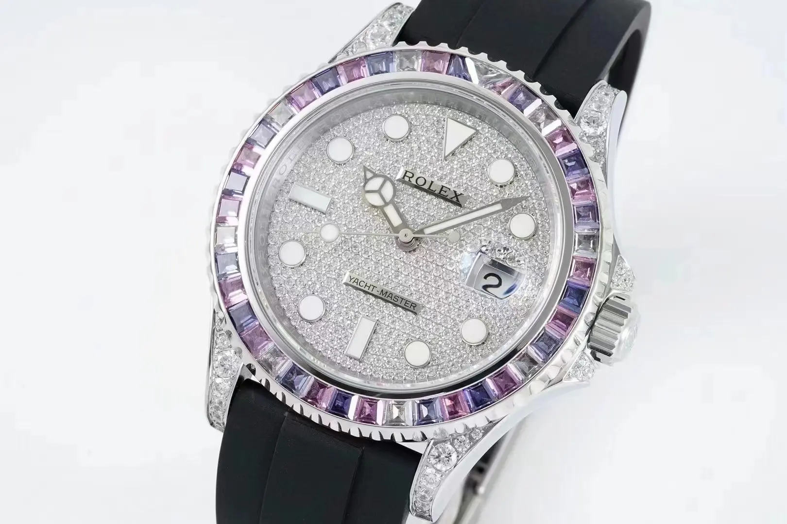 Rolex Yacht-Master 42mm Platinum Case Watch with Diamond & Amethyst Bezel and Black Rubber Strap - 图片 2