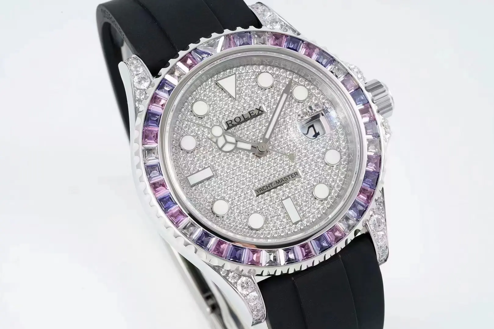 Rolex Yacht-Master 42mm Platinum Case Watch with Diamond & Amethyst Bezel and Black Rubber Strap - 图片 3