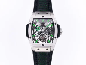 TMF Factory Hublot Masterpiece 906 Tourbillon Watch – Silver with Green Accents, Manual Wind Movement, Leather Strap, Super Clone Design