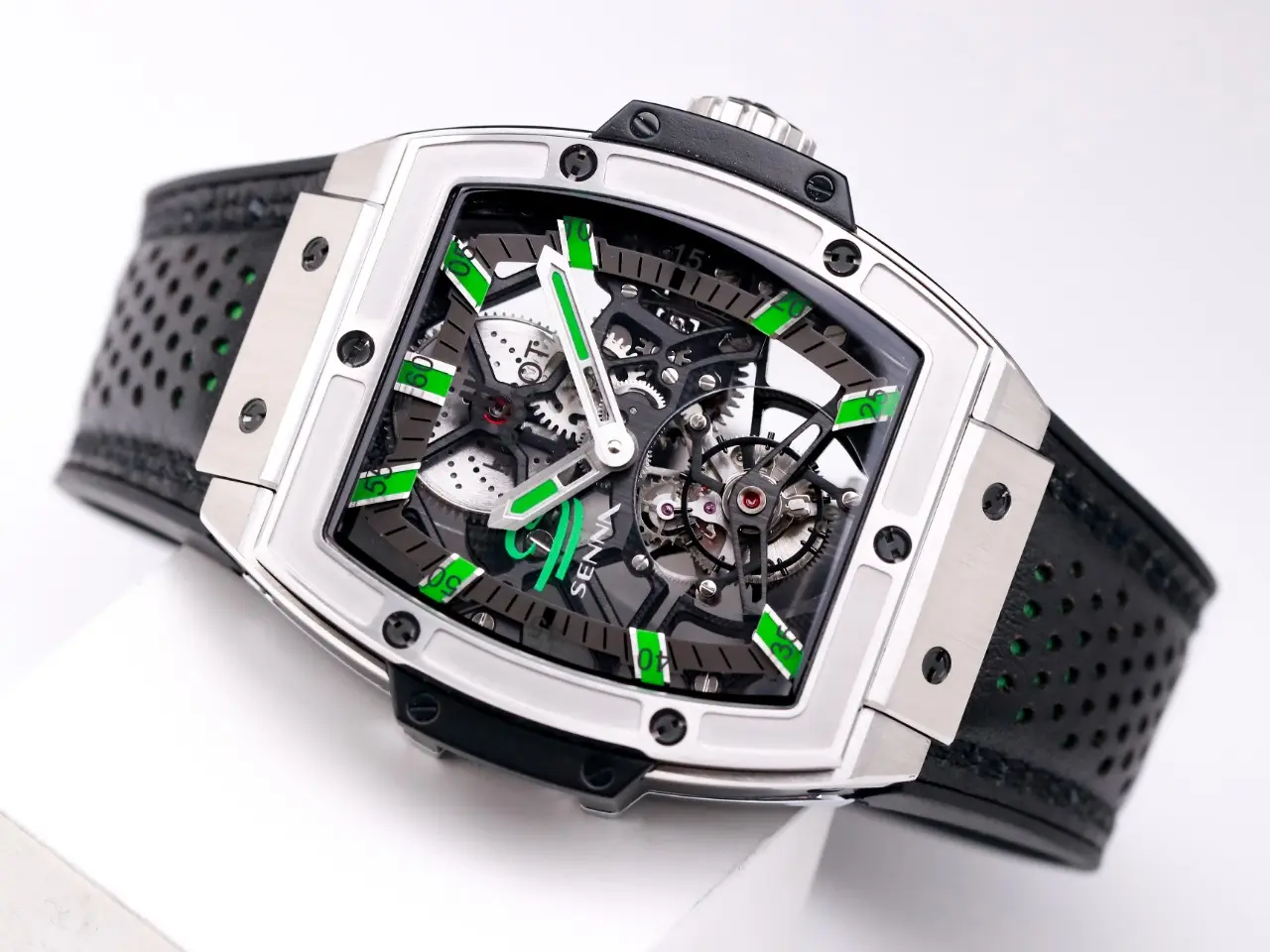 TMF Factory Hublot Masterpiece 906 Tourbillon Watch – Silver with Green Accents, Manual Wind Movement, Leather Strap, Super Clone Design - 图片 4