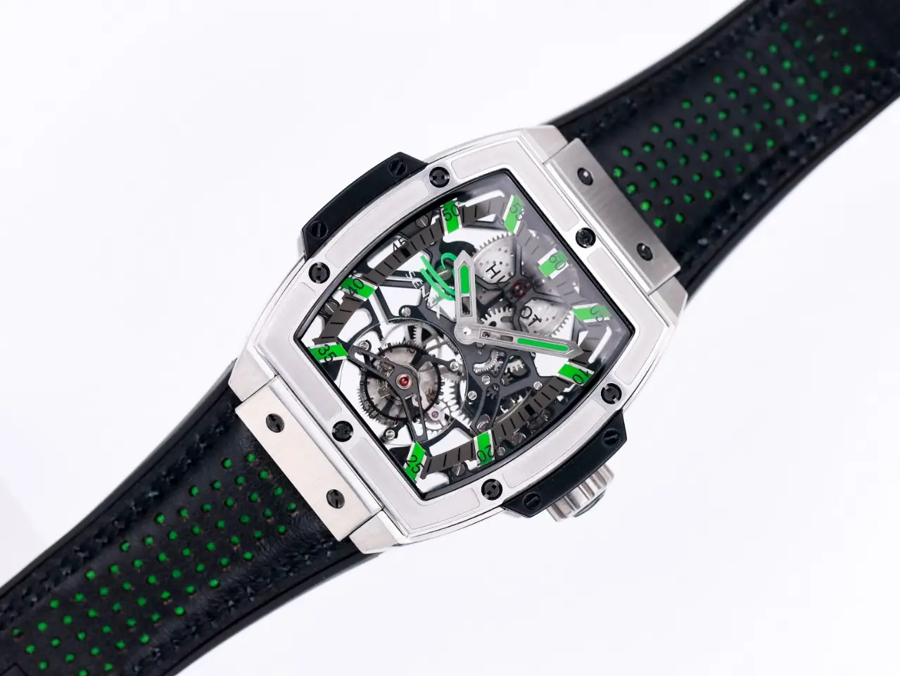 TMF Factory Hublot Masterpiece 906 Tourbillon Watch – Silver with Green Accents, Manual Wind Movement, Leather Strap, Super Clone Design - 图片 9