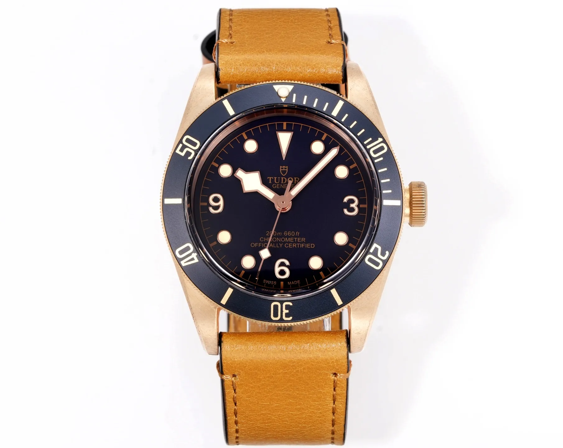 Tudor Black Bay Bronze Automatic Men’s Diver Watch with Black Dial, Brown Leather Strap, and Bronze Case