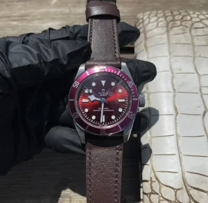 Tudor Black Bay Burgundy Red Dial Automatic Diver’s Watch with Brown Leather Strap