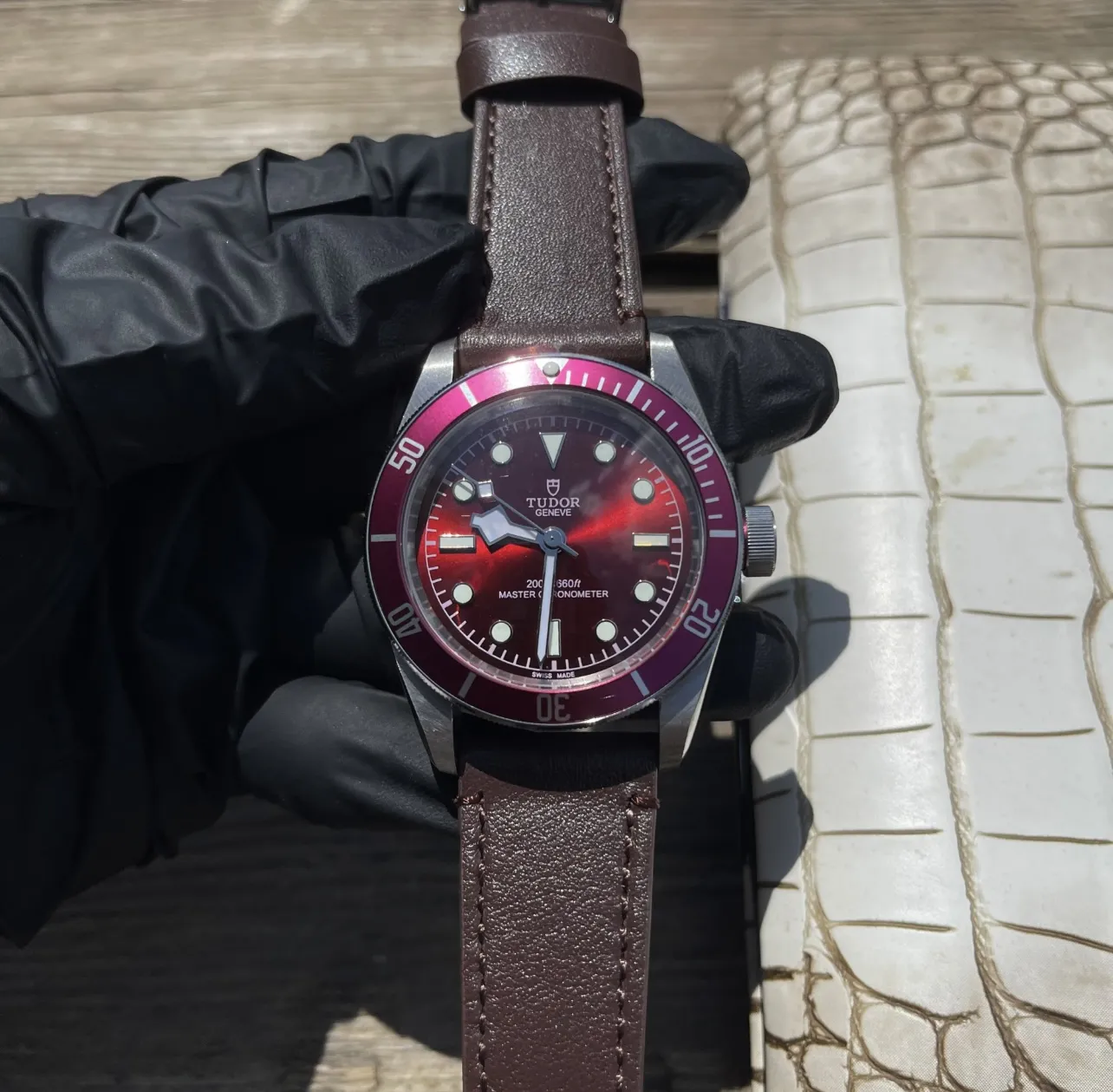 Tudor Black Bay Burgundy Red Dial Automatic Diver’s Watch with Brown Leather Strap