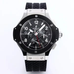 V6 Factory Hublot Big Bang 44mm Black Ceramic & Stainless Steel Chronograph Watch with Rubber Strap – Super Clone Edition