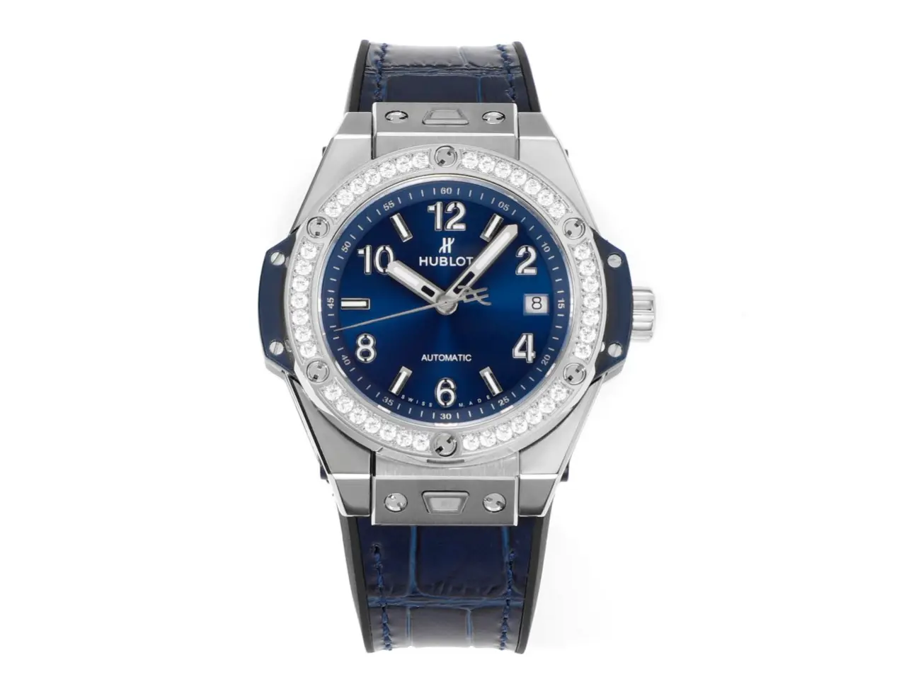V6 Factory HUBLOT Big Bang One-Click 39mm Stainless Steel White Diamond-Set Watch with Blue Leather Strap – Super Clone Edition