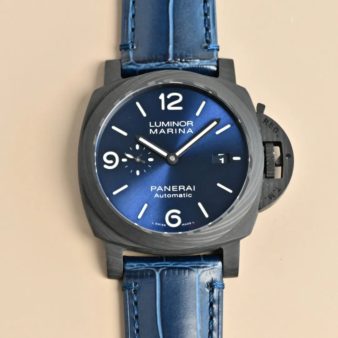 VS Factory Panerai Luminor Marina Automatic Blue Dial Black Carbon Case Blue Alligator Leather Strap Men’s Luxury Watch