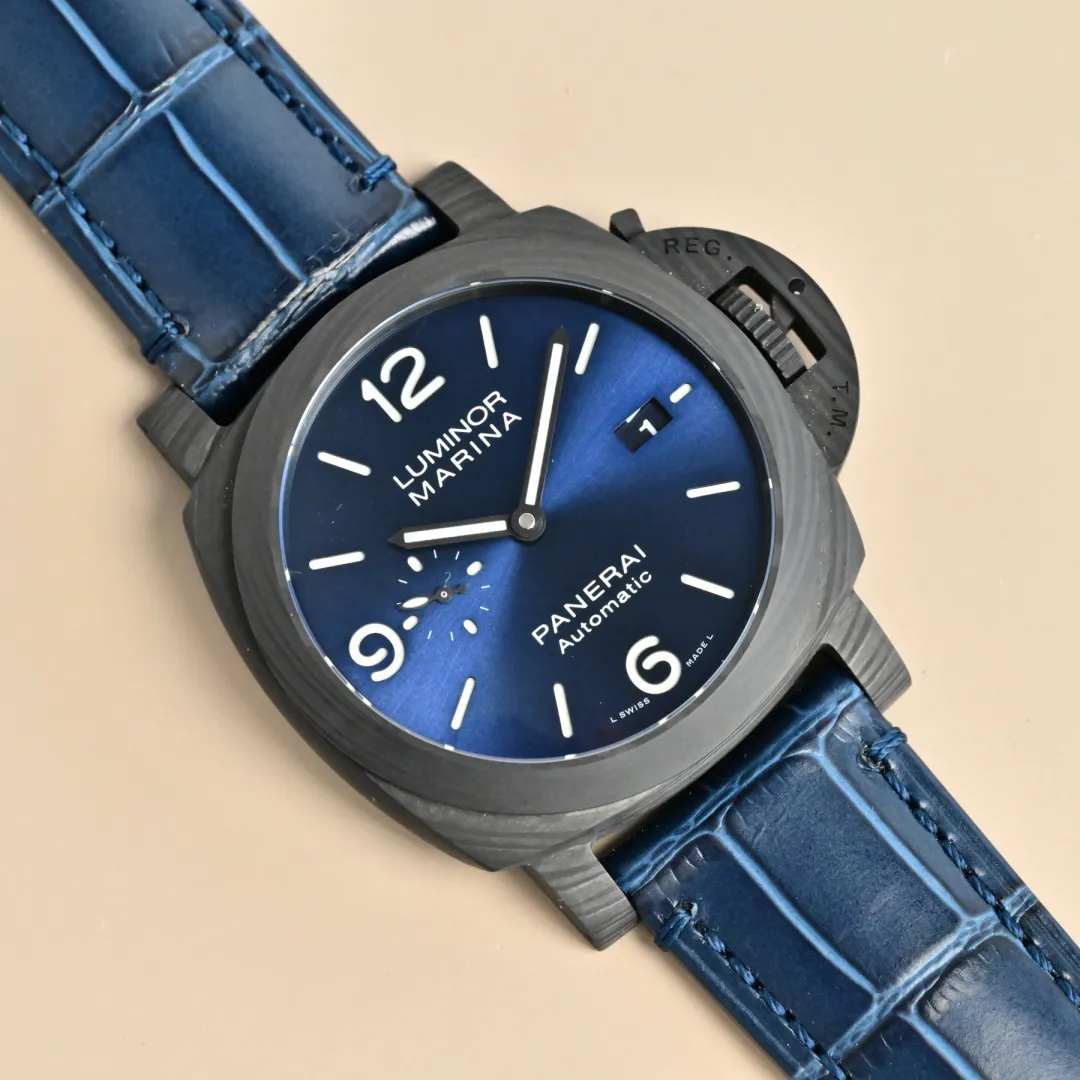 VS Factory Panerai Luminor Marina Automatic Blue Dial Black Carbon Case Blue Alligator Leather Strap Men’s Luxury Watch - 图片 2