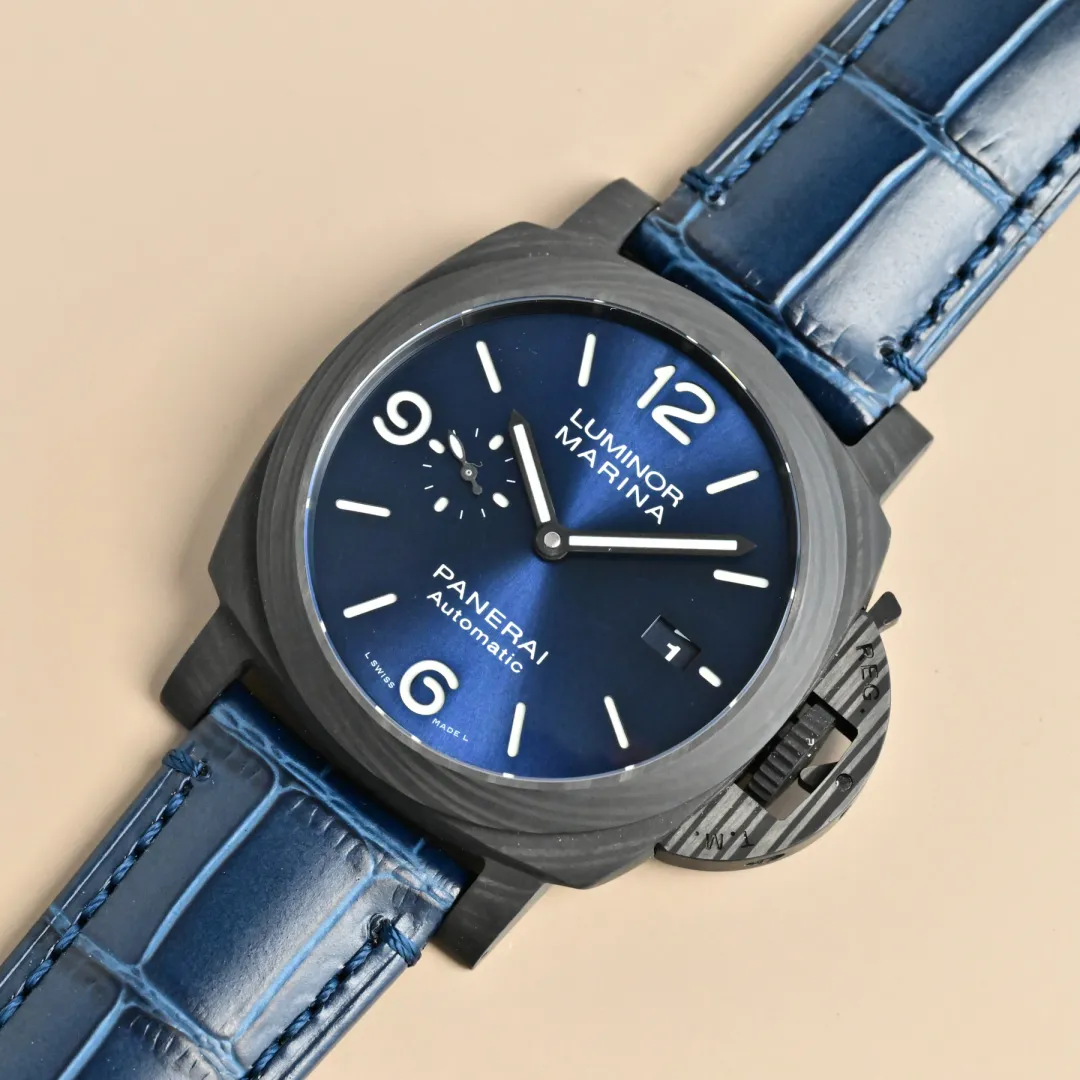VS Factory Panerai Luminor Marina Automatic Blue Dial Black Carbon Case Blue Alligator Leather Strap Men’s Luxury Watch - 图片 3