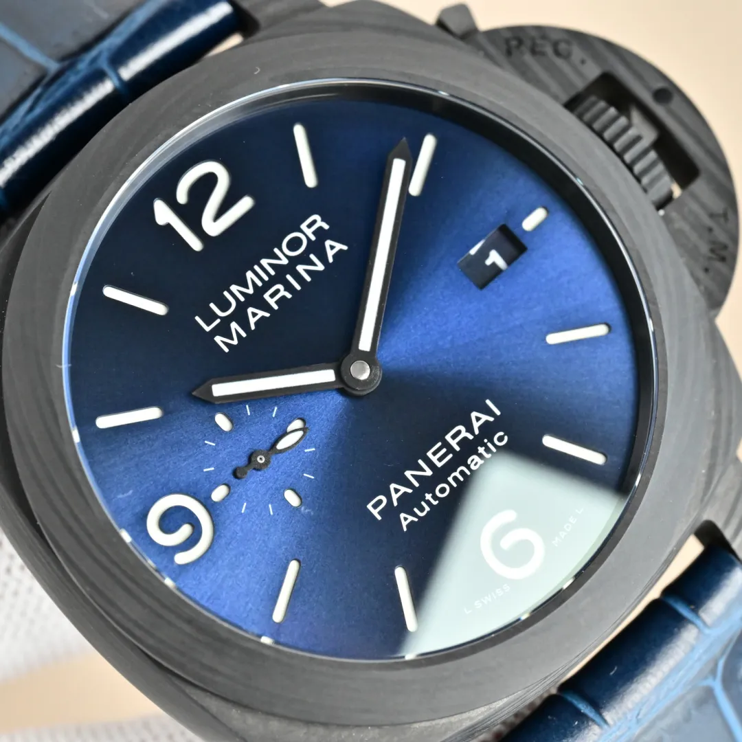 VS Factory Panerai Luminor Marina Automatic Blue Dial Black Carbon Case Blue Alligator Leather Strap Men’s Luxury Watch - 图片 4