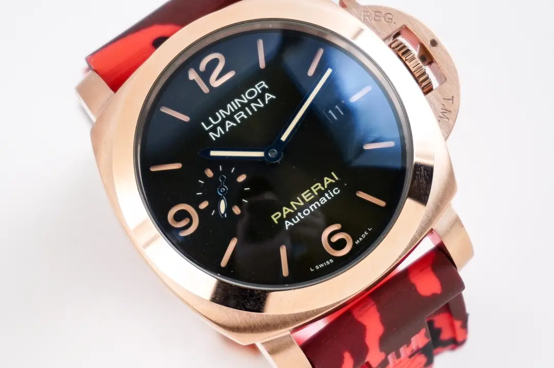 VS Factory Panerai Luminor Marina Automatic Navy Blue Dial Rose Gold Case Red Camo Rubber Strap Men’s Luxury Watch - 图片 6