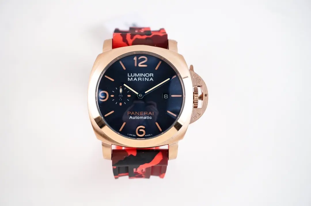 VS Factory Panerai Luminor Marina Automatic Navy Blue Dial Rose Gold Case Red Camo Rubber Strap Men’s Luxury Watch - 图片 7