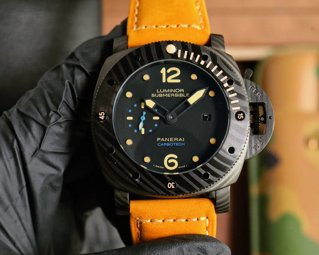 VS Factory Panerai Luminor Submersible Black Ceramic Case Automatic Dive Watch with Orange Suede Strap