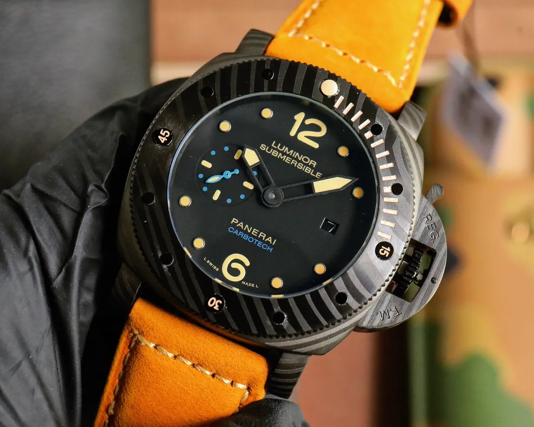 VS Factory Panerai Luminor Submersible Black Ceramic Case Automatic Dive Watch with Orange Suede Strap - 图片 2