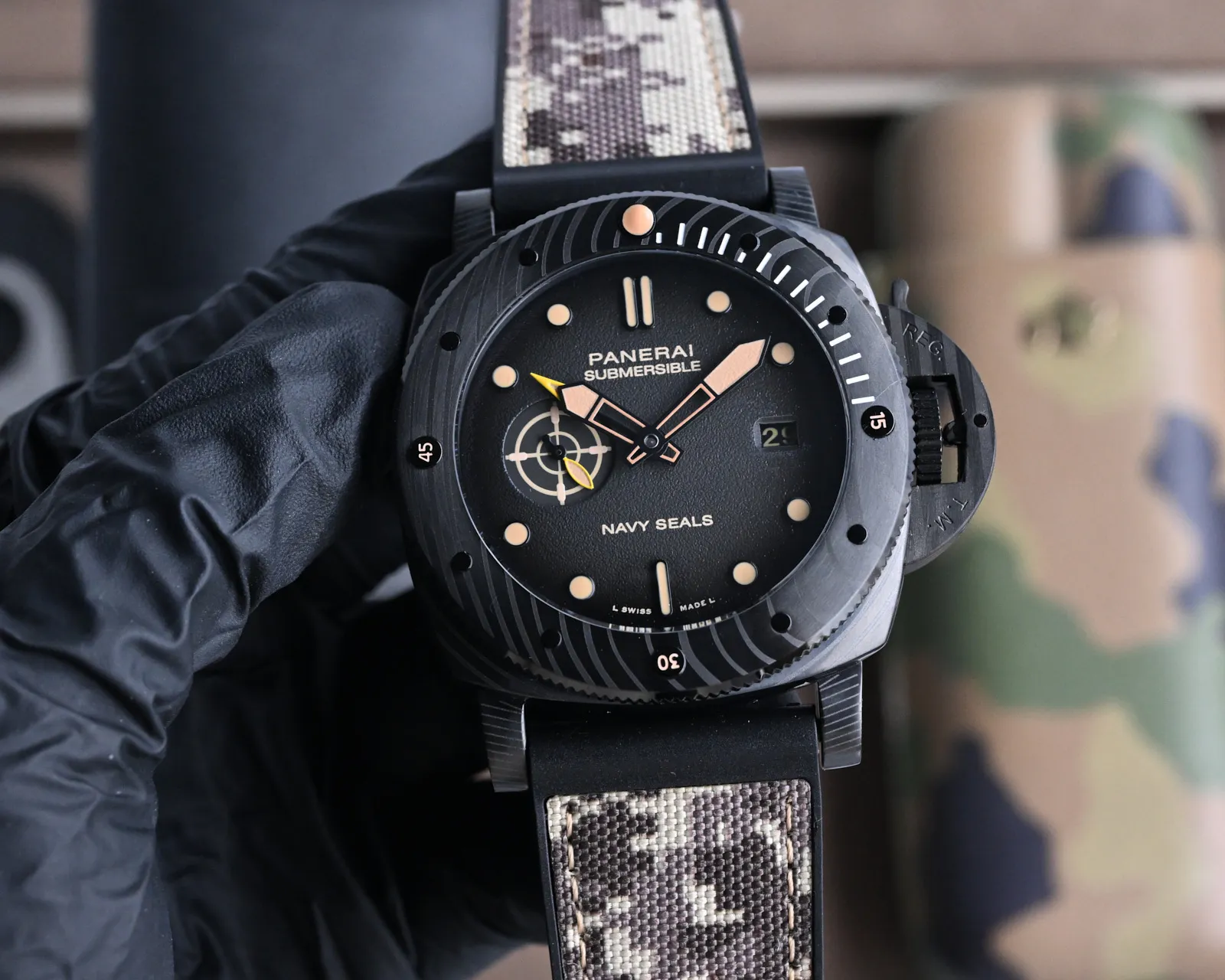 VS Factory Panerai Submersible Navy Seals Edition Black Ceramic Case with Camouflage Rubber Strap Automatic Men’s Diver Watch