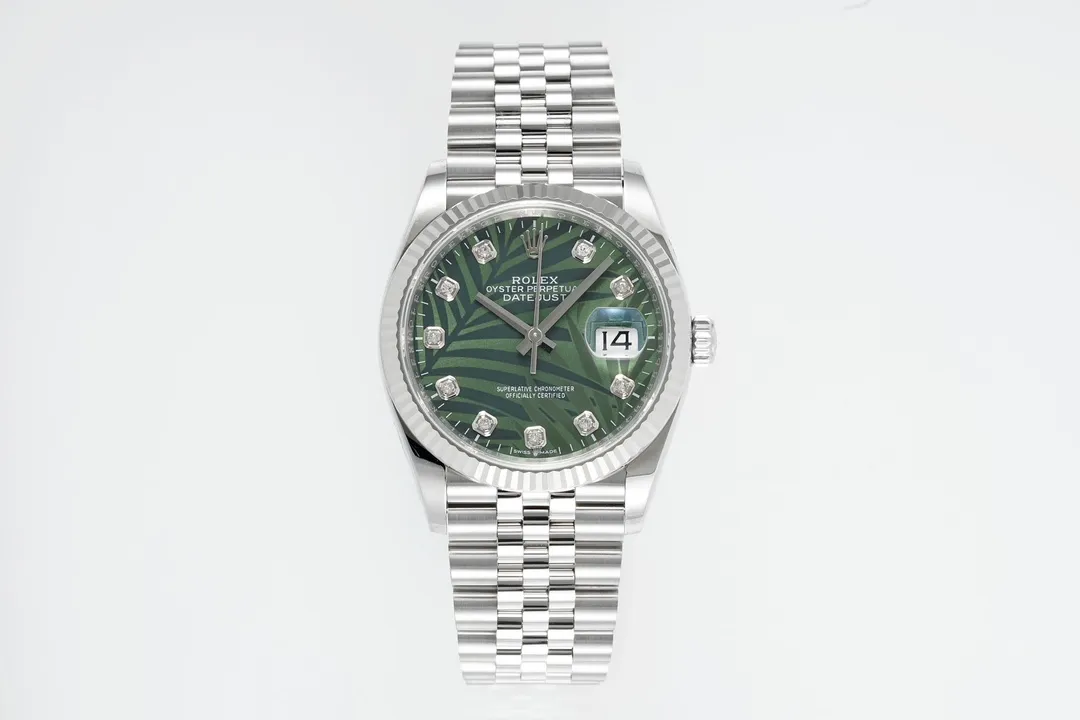 VS Factory Rolex Datejust 36mm Green Palm Motif Dial Diamond Bezel Stainless Steel Jubilee Watch