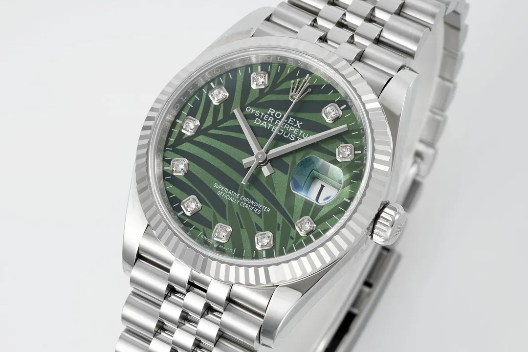 VS Factory Rolex Datejust 36mm Green Palm Motif Dial Diamond Bezel Stainless Steel Jubilee Watch - 图片 2
