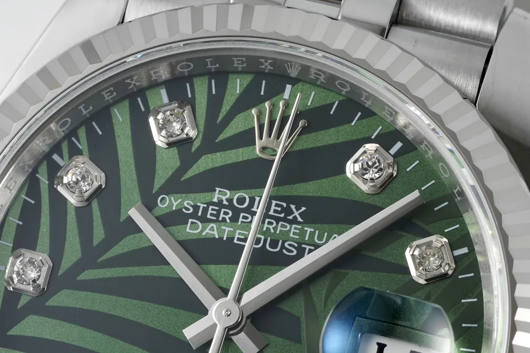 VS Factory Rolex Datejust 36mm Green Palm Motif Dial Diamond Bezel Stainless Steel Jubilee Watch - 图片 3