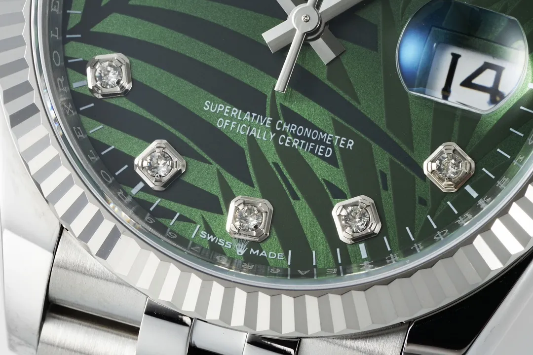 VS Factory Rolex Datejust 36mm Green Palm Motif Dial Diamond Bezel Stainless Steel Jubilee Watch - 图片 4