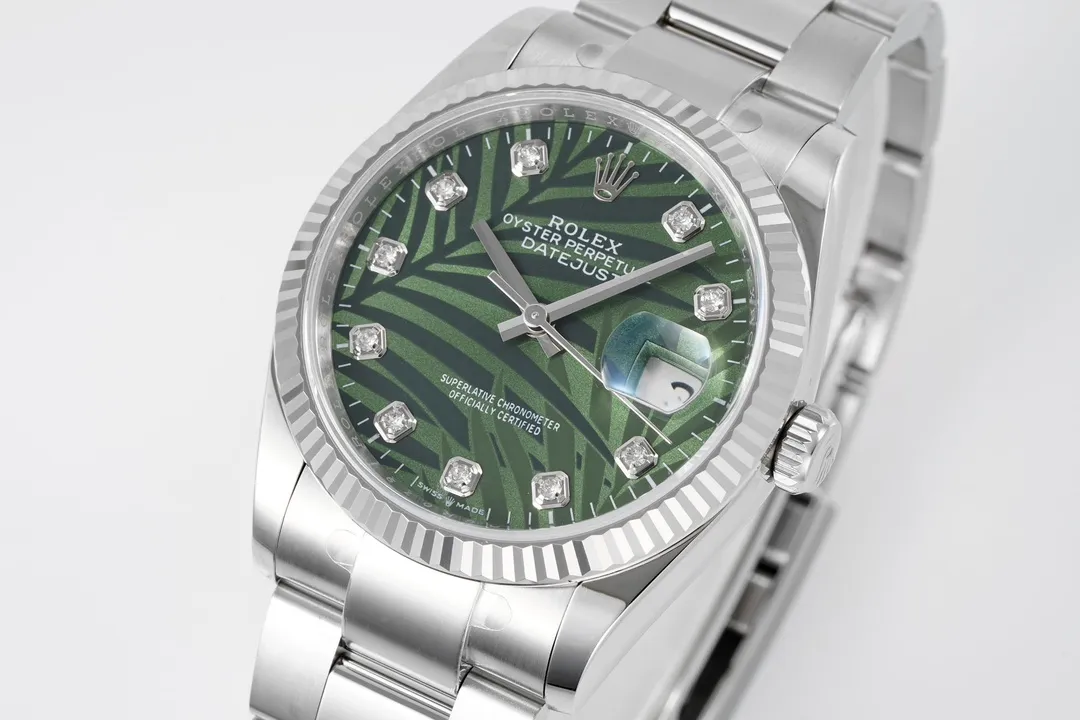 VS Factory Rolex Datejust 36mm Green Palm Motif Dial with Diamond Markers Stainless Steel Watch - 图片 3