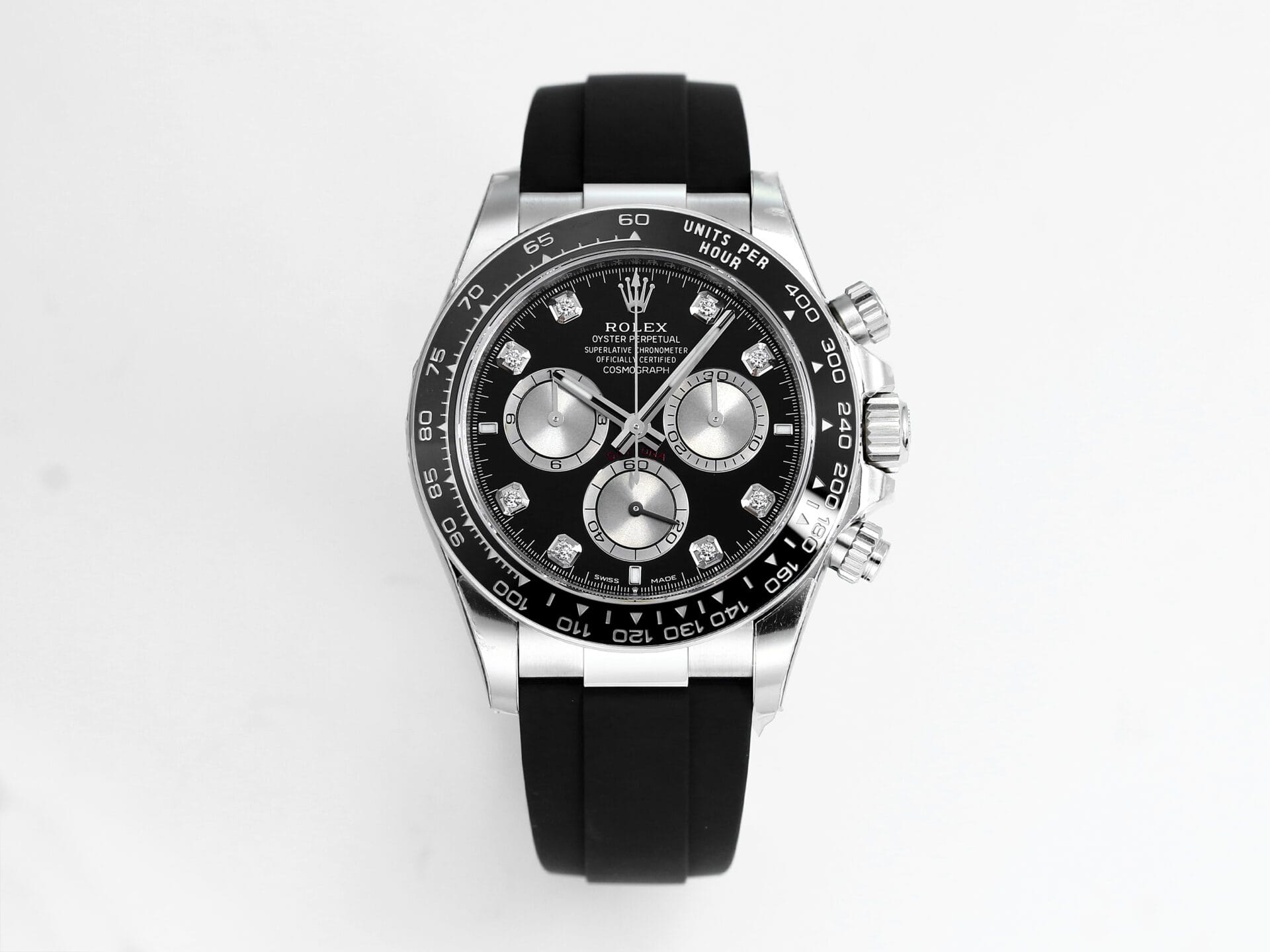 VS Factory Rolex Daytona 126519 Black Silver Diamonds Dial White Gold Oysterflex Strap Weighted VS4131 Movement