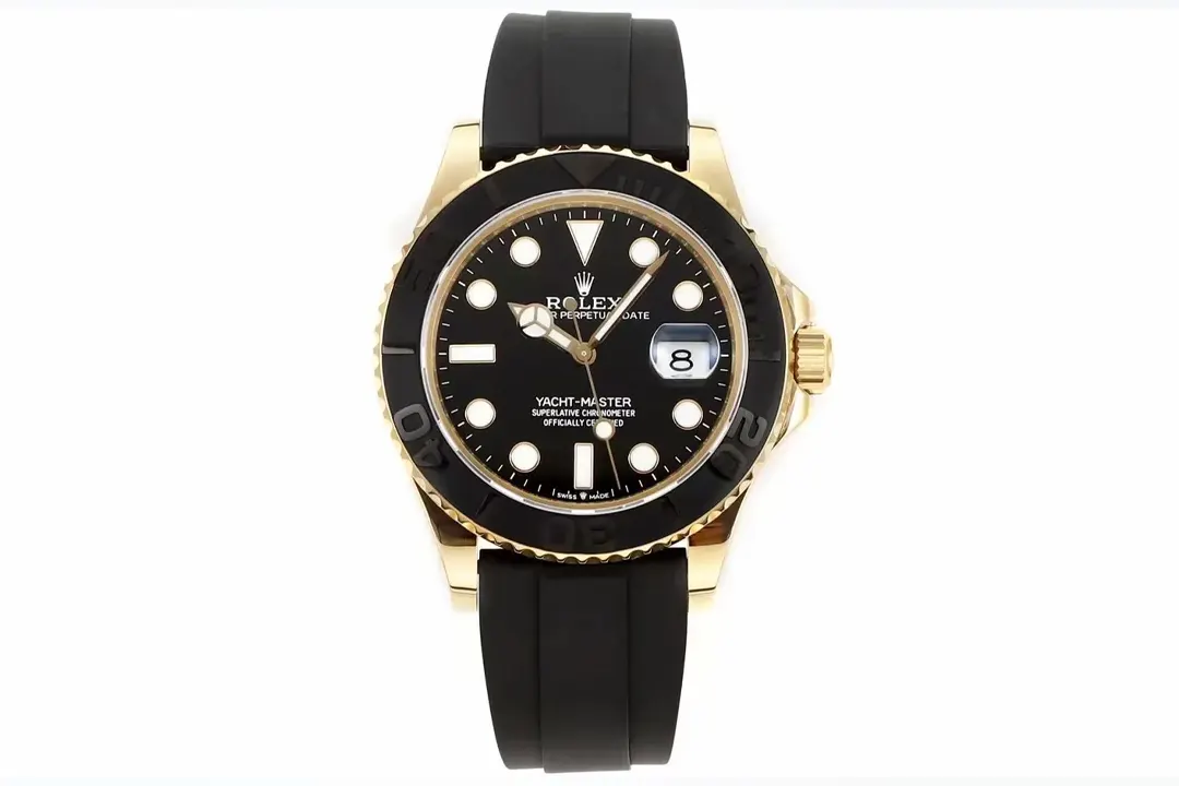 VS Factory Rolex Yacht-Master 42mm Yellow Gold Black Dial Oysterflex Rubber Strap Luxury Men’s Watch