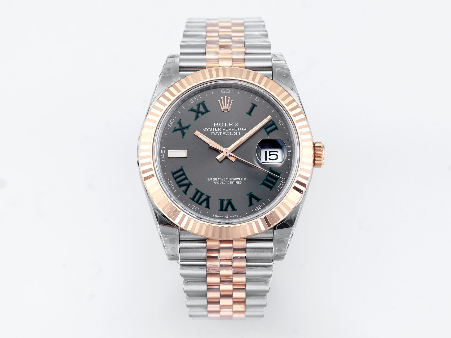 VS Factory (VSF) Rolex DateJust 41 126231 Gray Dial Green Roman Markers SS RG Jubilee VS3235 Movement