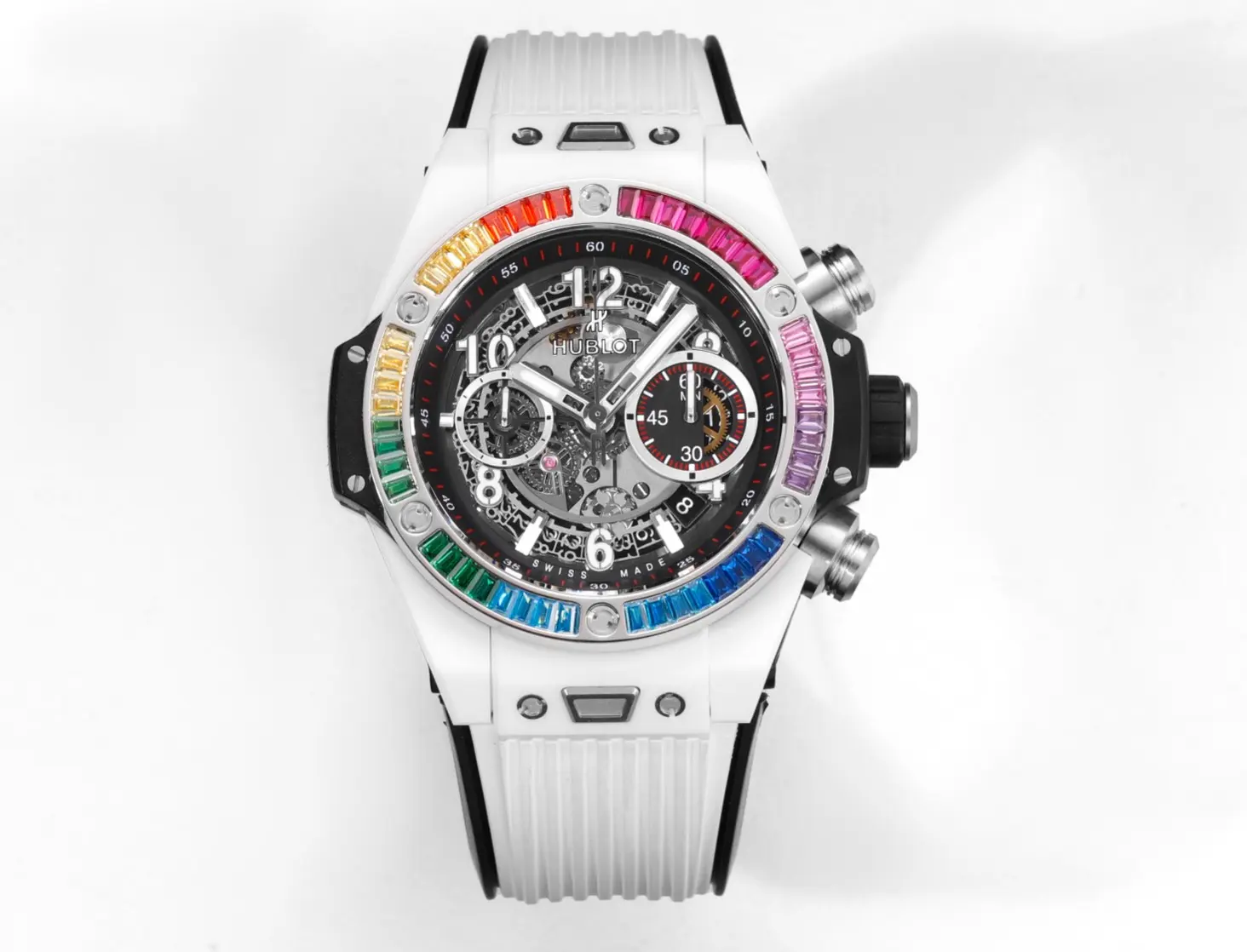 WWF Factory Hublot Big Bang Unico Rainbow Ceramic Watch – White with Multicolor Bezel, Automatic Chronograph, 45mm, Super Clone Edition